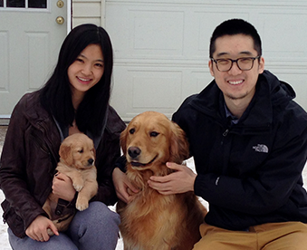 outdoor photo of a couple with a golden retriever puppy and an adult golden retriever