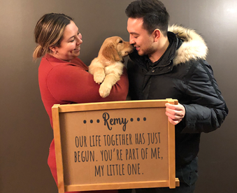 indoor photo of a couple holding a golden retriever puppy and a Gotcha Day sign